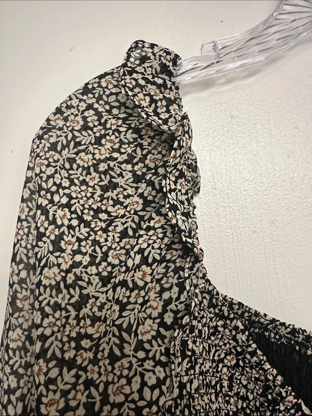 Astr Smocked Floral V-Neck Blouse - Black & Cream